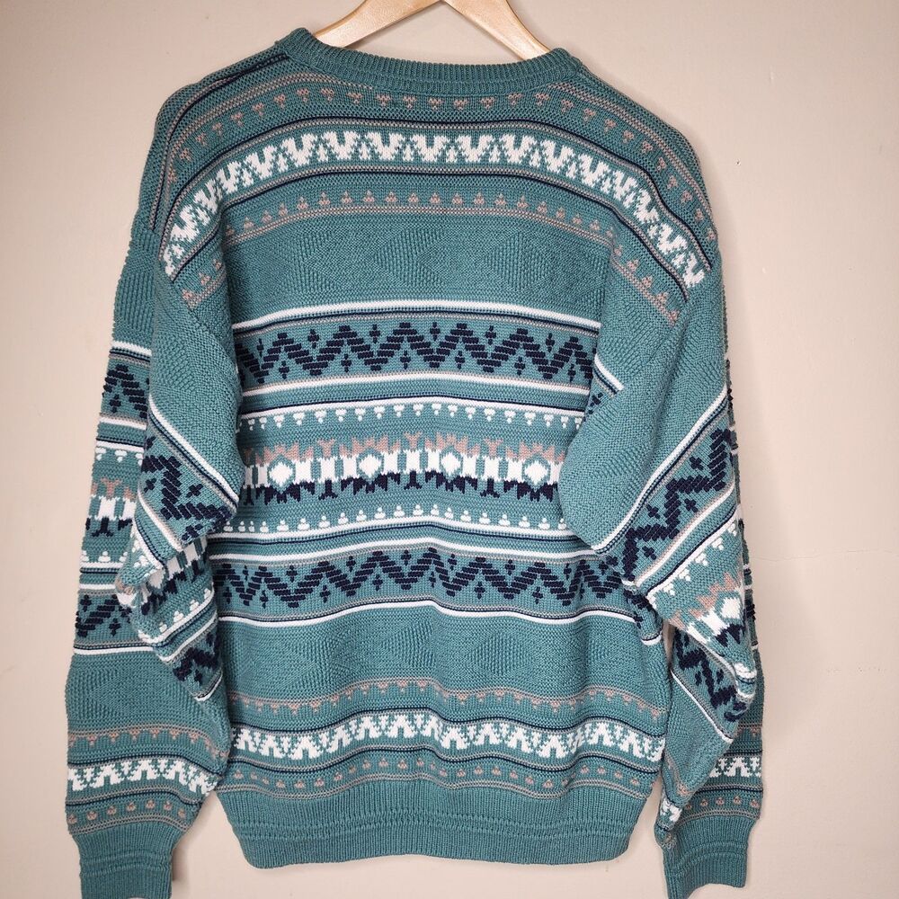 Vintage 90s Jantzen Sweater Mens Large Teal Green Geometric Southwestern USA - Picture 5 of 11
